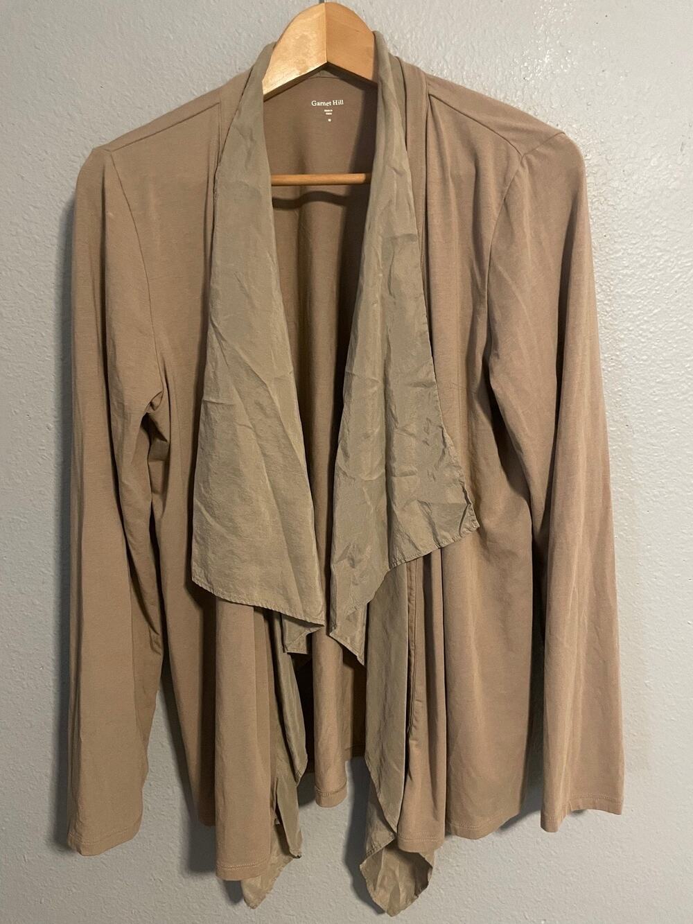 Garnet Hill Womens Coatigan Medium Tan Silk Trim Waterfall Open Front Modern